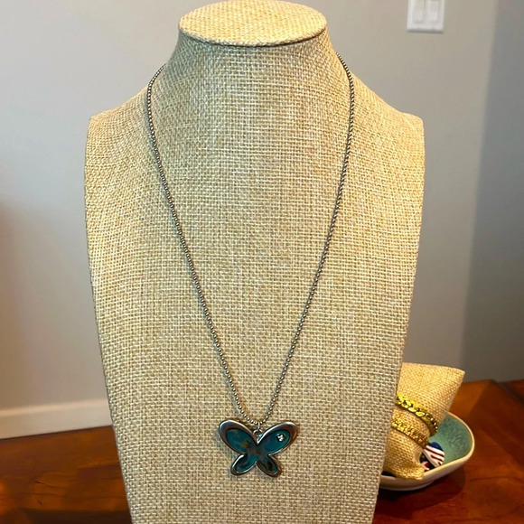 Jewelry - Mood Necklace Butterfly and Silvertone Chain with Crystal jeweled Butterfly